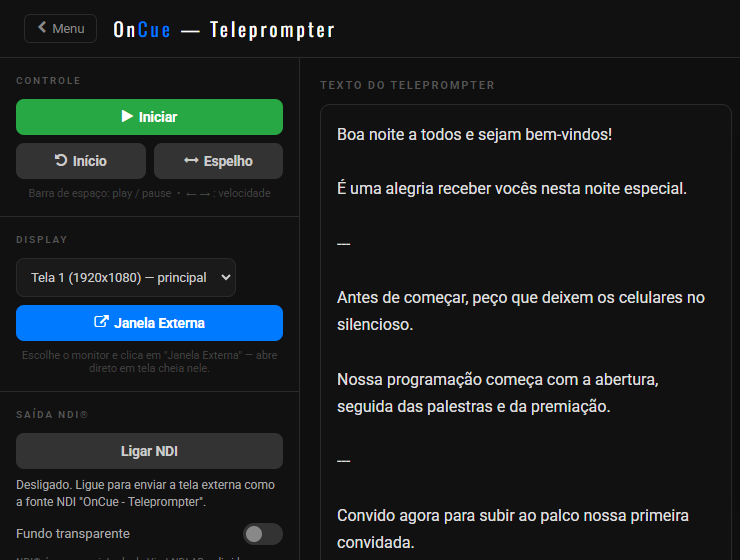 Controle do Teleprompter do OnCue com botões Iniciar, Início e Espelho, ajustes de velocidade e aparência e o campo do texto