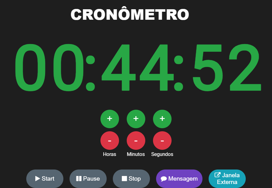 Tela de controle do Timer do OnCue: cronômetro grande, ajustes de horas, minutos e segundos e os botões Start, Pause, Stop, Mensagem e Janela Externa